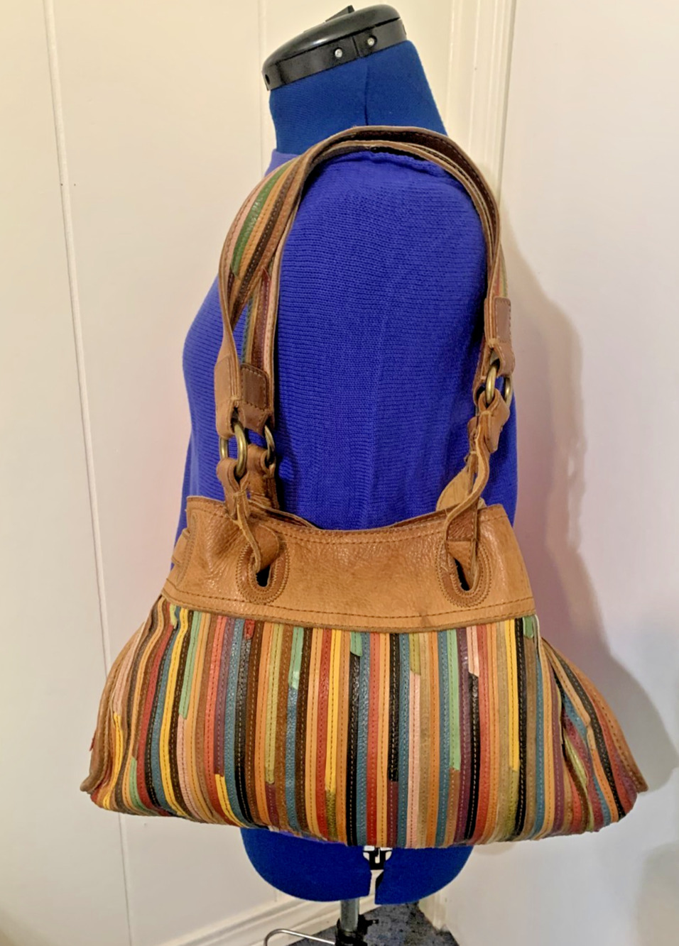 Vintage Lucky Sunshine Daydream Leather Striped Hobo bag Hippie Boho 16 x 10